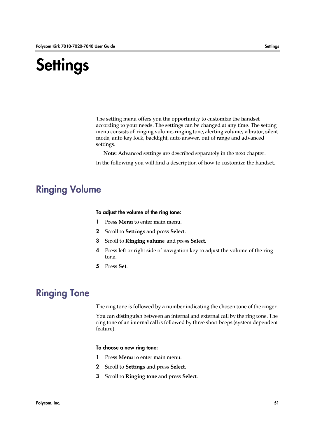 Polycom 7010-7020-7040, 14184663-HD manual Settings, Ringing Volume 