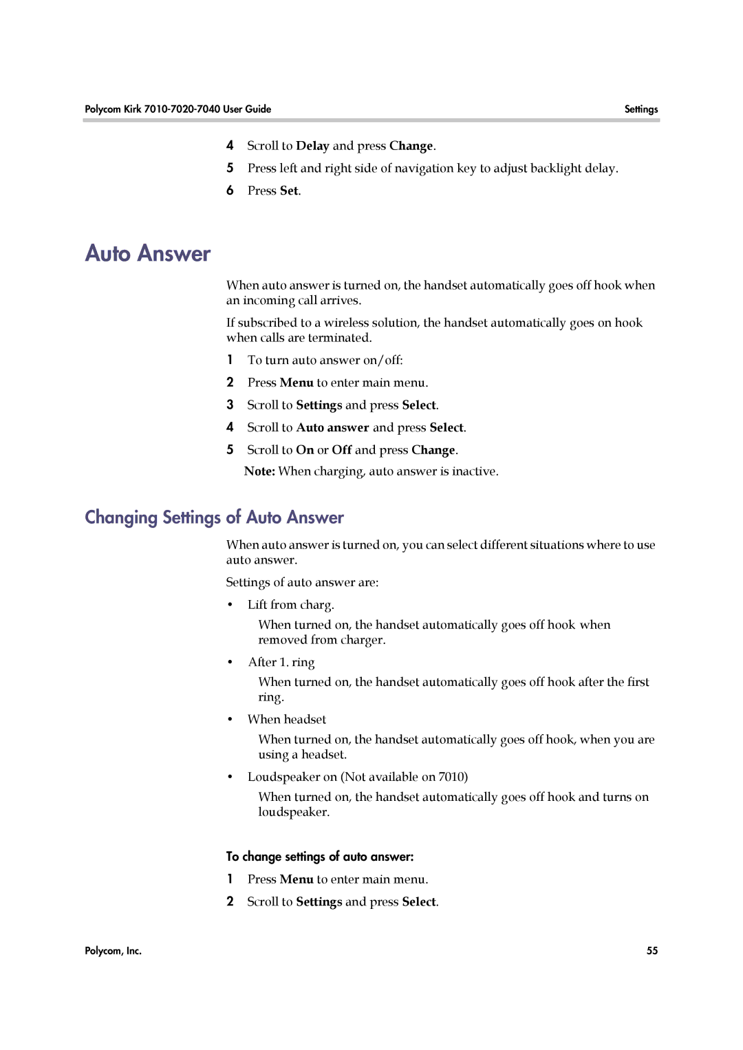 Polycom 7010-7020-7040, 14184663-HD manual Changing Settings of Auto Answer 