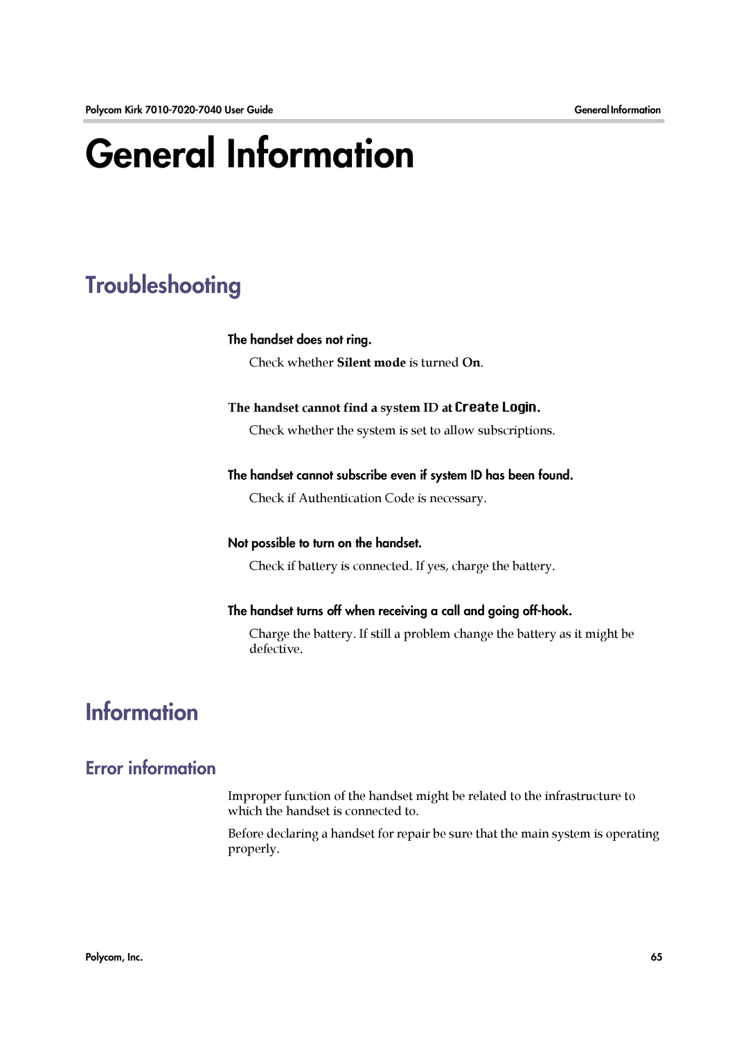 Polycom 7010 General Information, Troubleshooting, Error information, Handset cannot find a system ID at Create Login 