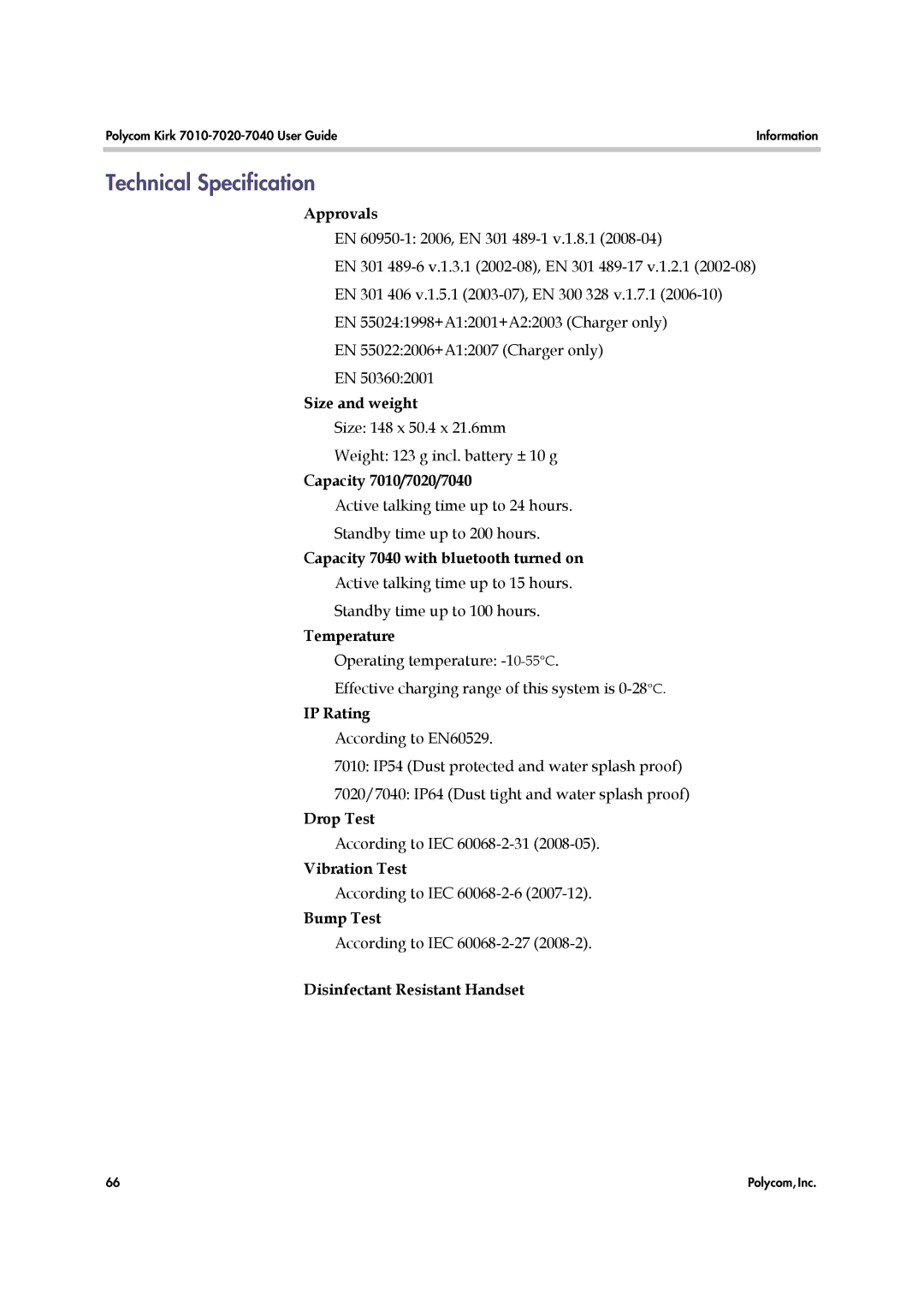 Polycom 7010-7020-7040, 14184663-HD manual Technical Specification 