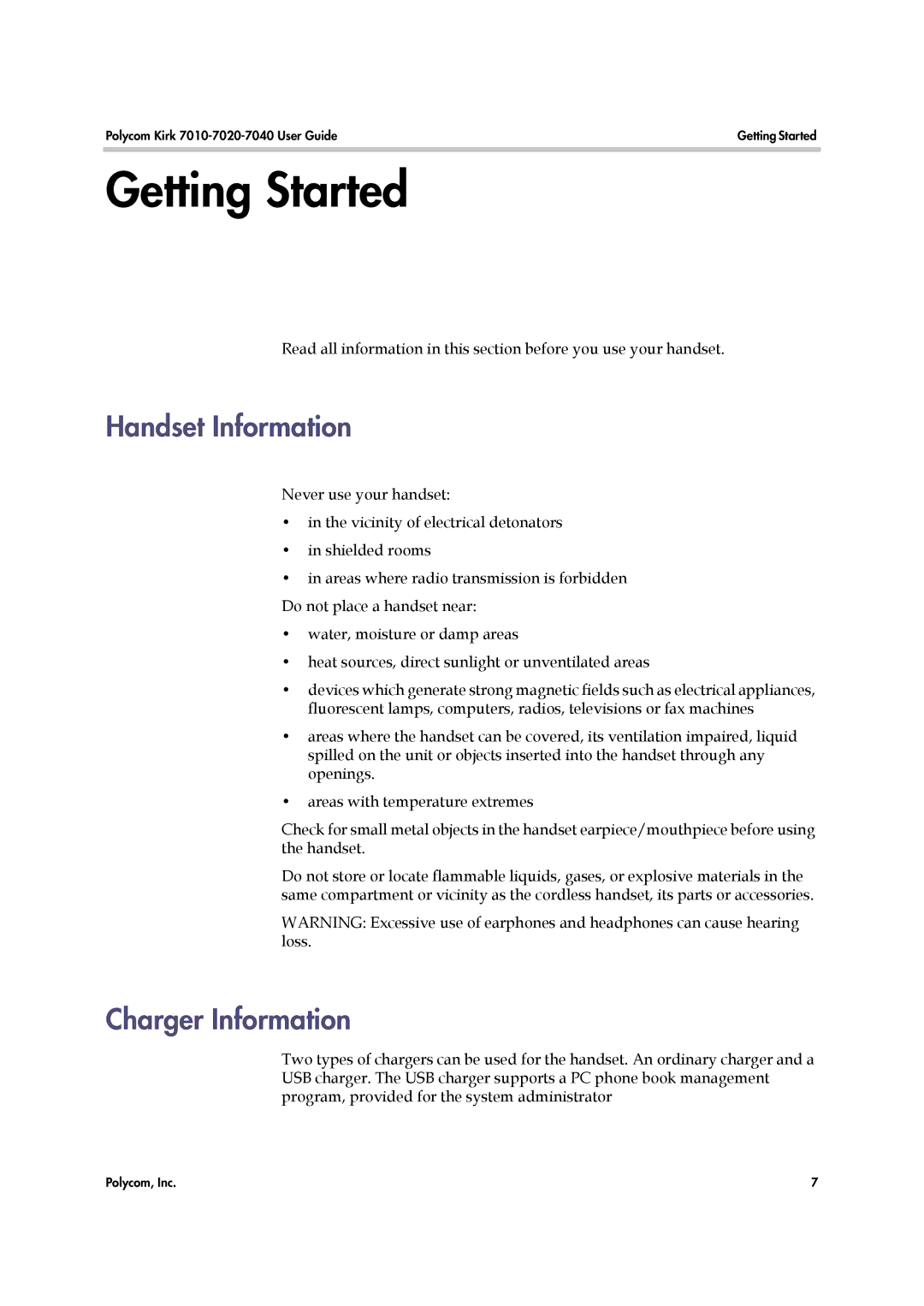 Polycom 7010-7020-7040, 14184663-HD manual Getting Started, Handset Information, Charger Information 