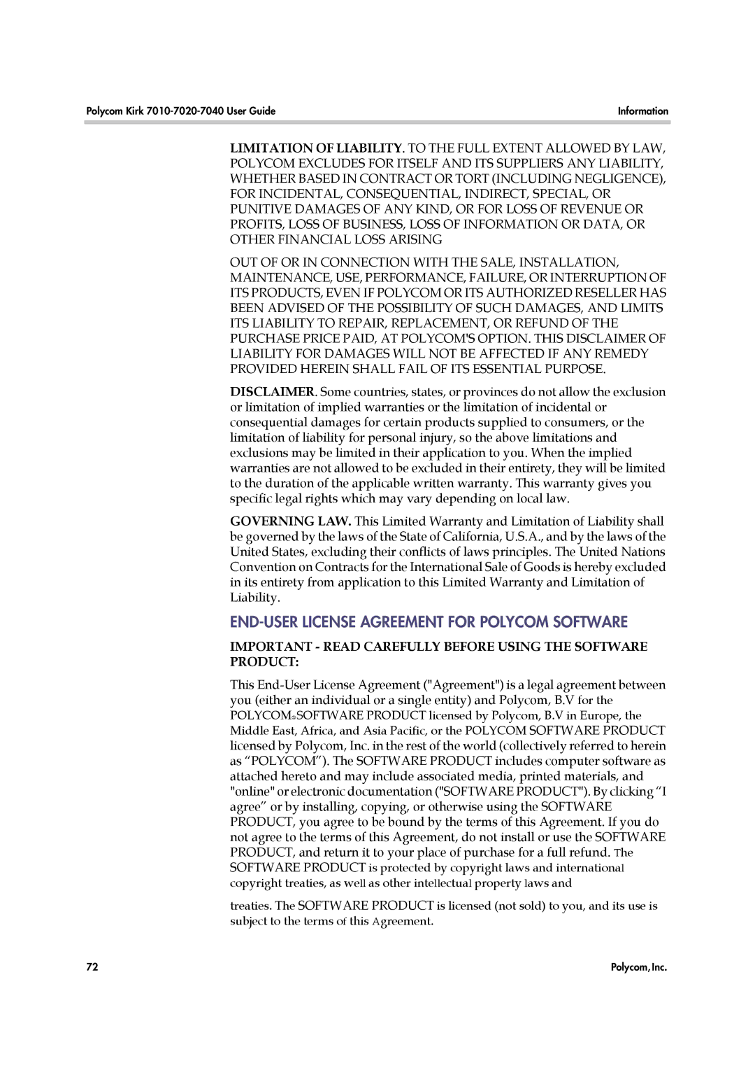 Polycom 7010-7020-7040, 14184663-HD manual END-USER License Agreement for Polycom Software 