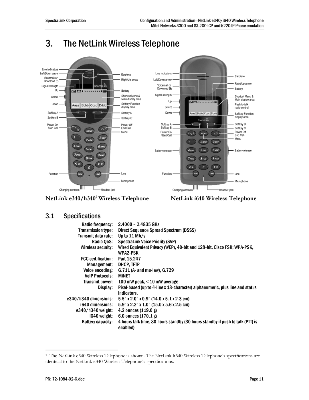 Polycom Mitel Networks 3300, 72-1084-02, SX-200 ICP manual NetLink Wireless Telephone, Specifications, WPA2-PSK, DHCP, Tftp 