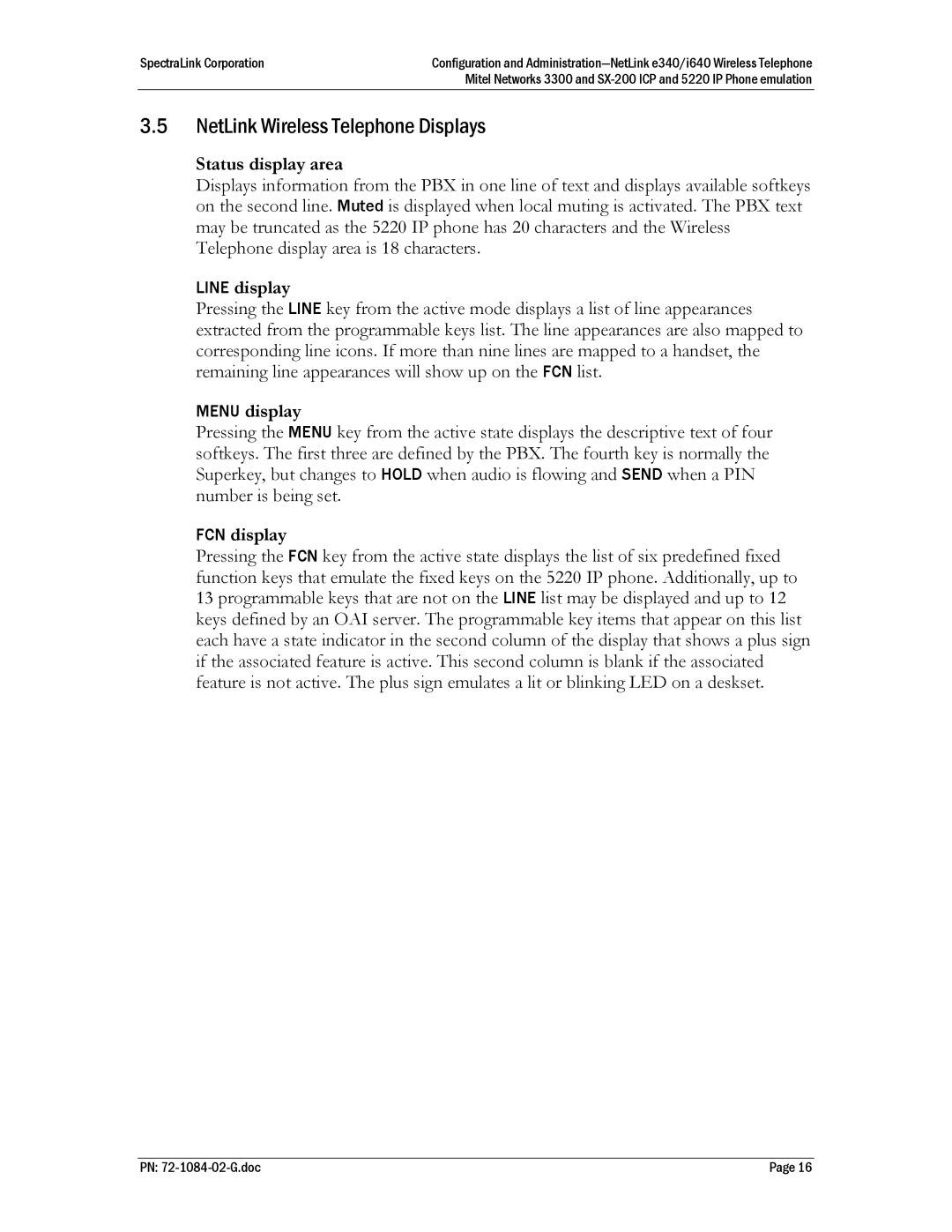 Polycom SX-200 ICP manual NetLink Wireless Telephone Displays, Status display area, Line display, Menu display, FCN display 