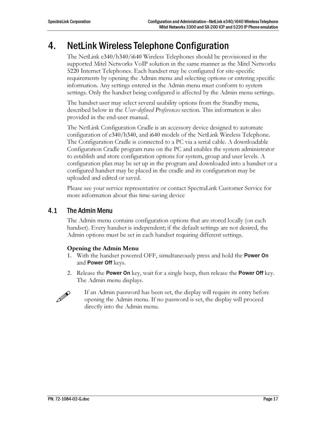 Polycom Mitel Networks 3300, 72-1084-02, SX-200 ICP NetLink Wireless Telephone Configuration, Opening the Admin Menu 