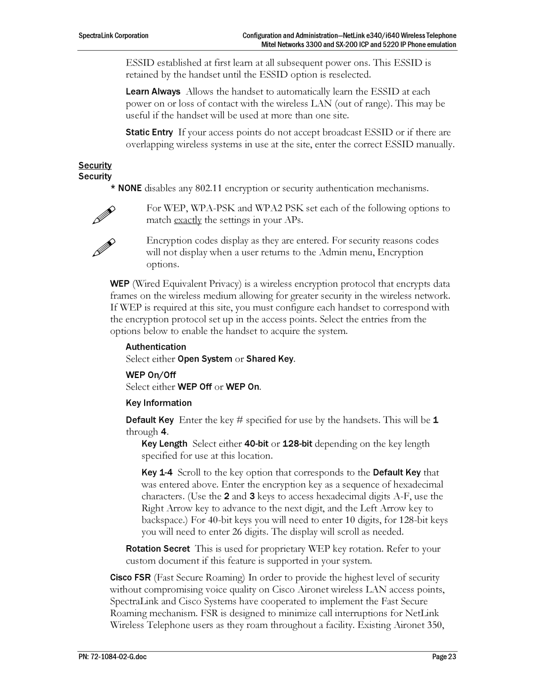 Polycom Mitel Networks 3300, 72-1084-02, SX-200 ICP manual Select either WEP Off or WEP On 