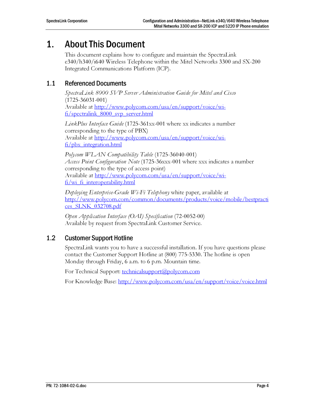 Polycom SX-200 ICP, 72-1084-02, Mitel Networks 3300 About This Document, Referenced Documents, Customer Support Hotline 