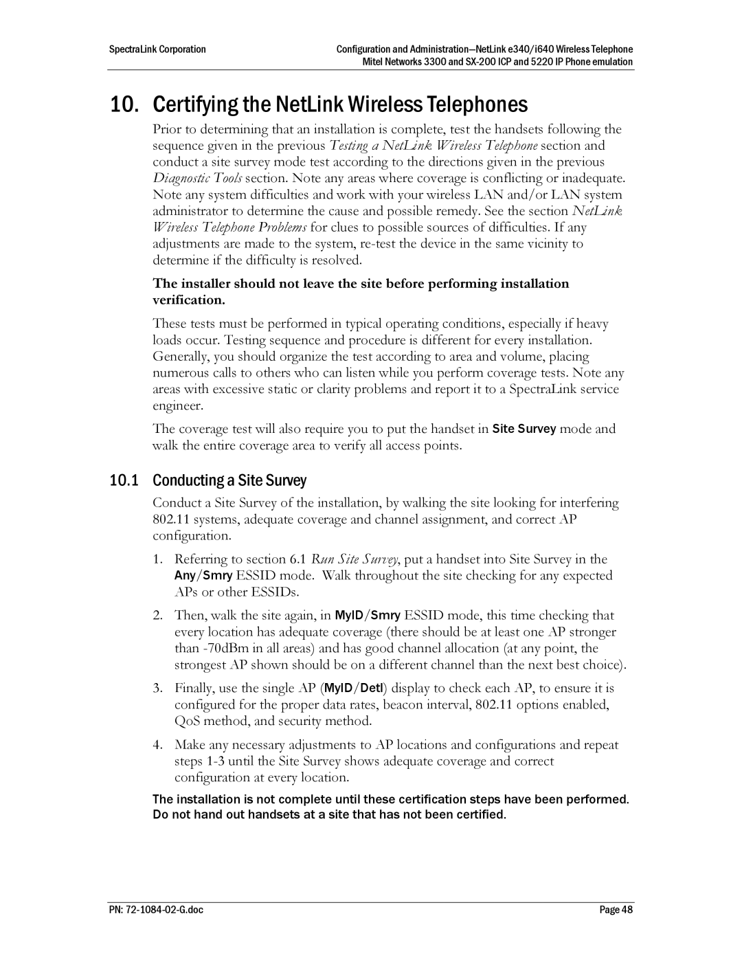 Polycom 72-1084-02, SX-200 ICP, Mitel Networks 3300 Certifying the NetLink Wireless Telephones, Conducting a Site Survey 