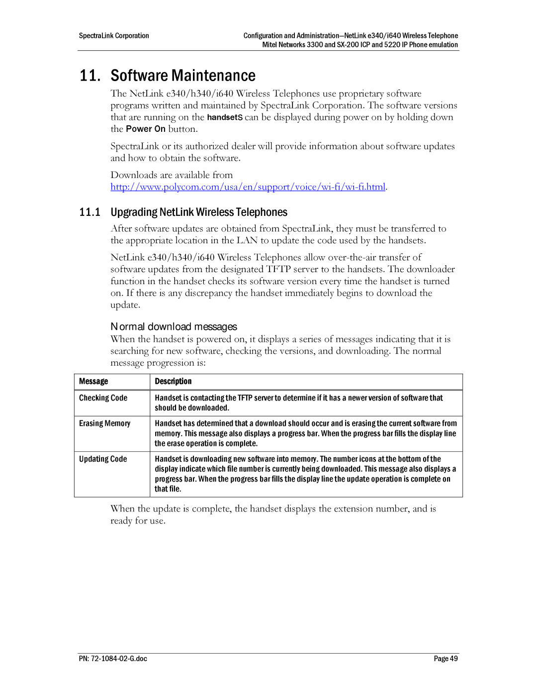 Polycom SX-200 ICP, 72-1084-02 manual Software Maintenance, Upgrading NetLink Wireless Telephones, Normal download messages 