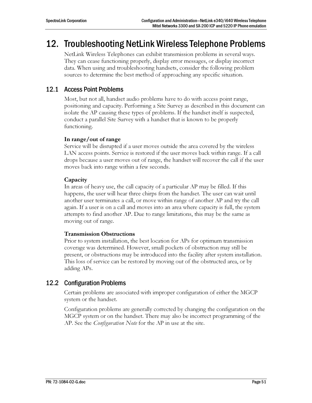 Polycom 72-1084-02 Troubleshooting NetLink Wireless Telephone Problems, Access Point Problems, Configuration Problems 