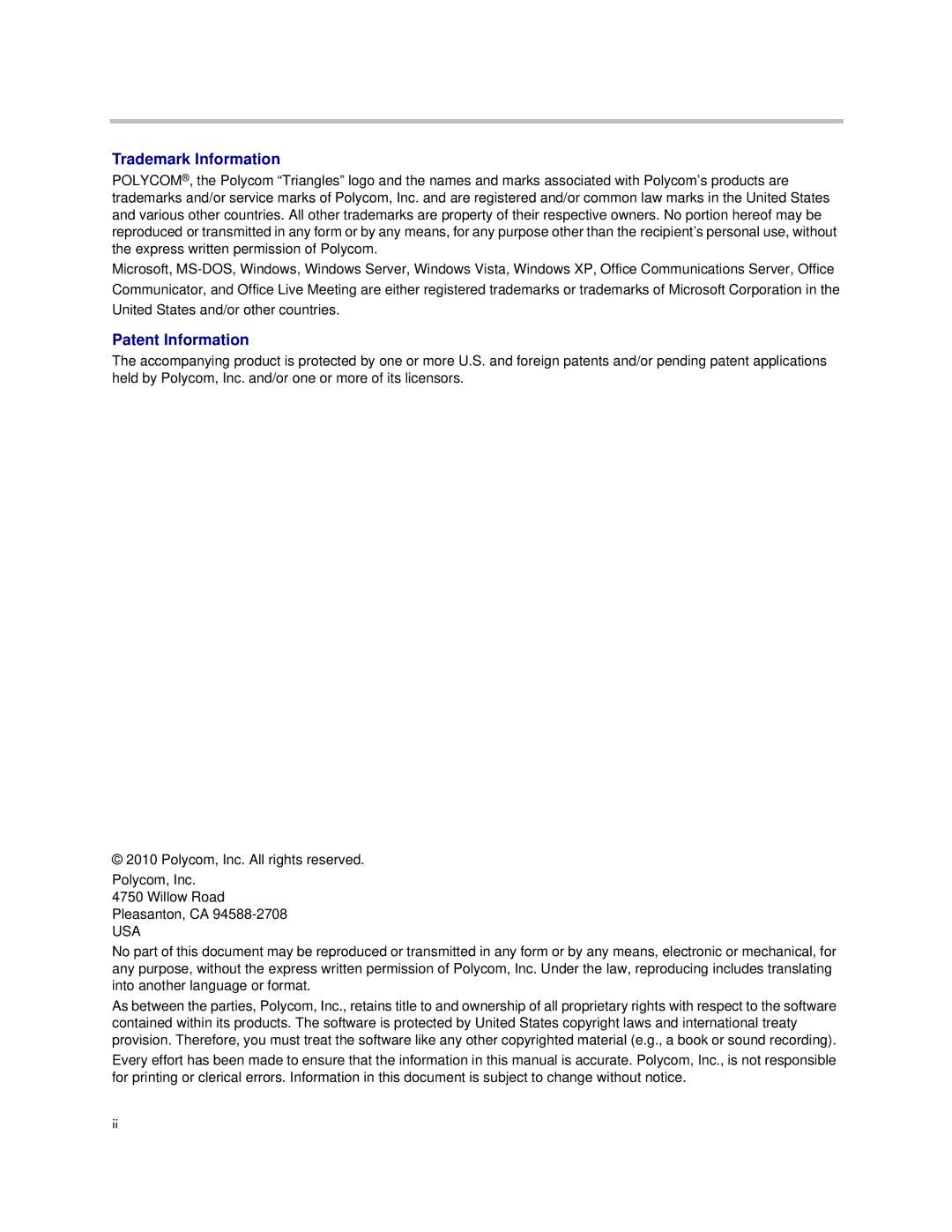 Polycom 725-48617-001 manual Trademark Information 