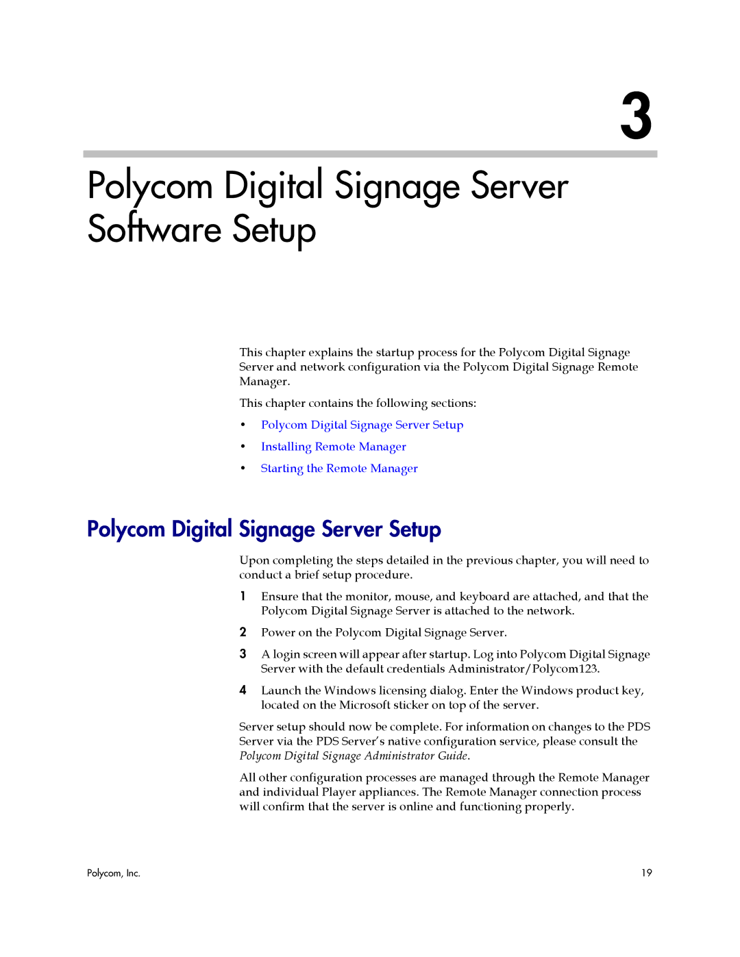 Polycom 725-78600-002A2 manual Polycom Digital Signage Server Software Setup, Polycom Digital Signage Server Setup 