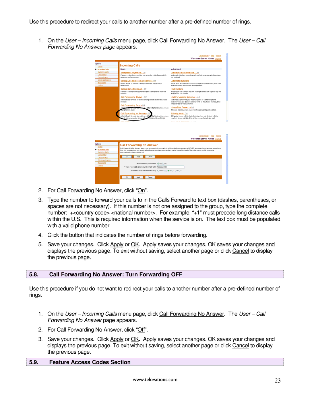 Polycom 7941 manual Call Forwarding No Answer Turn Forwarding OFF, Feature Access Codes Section 