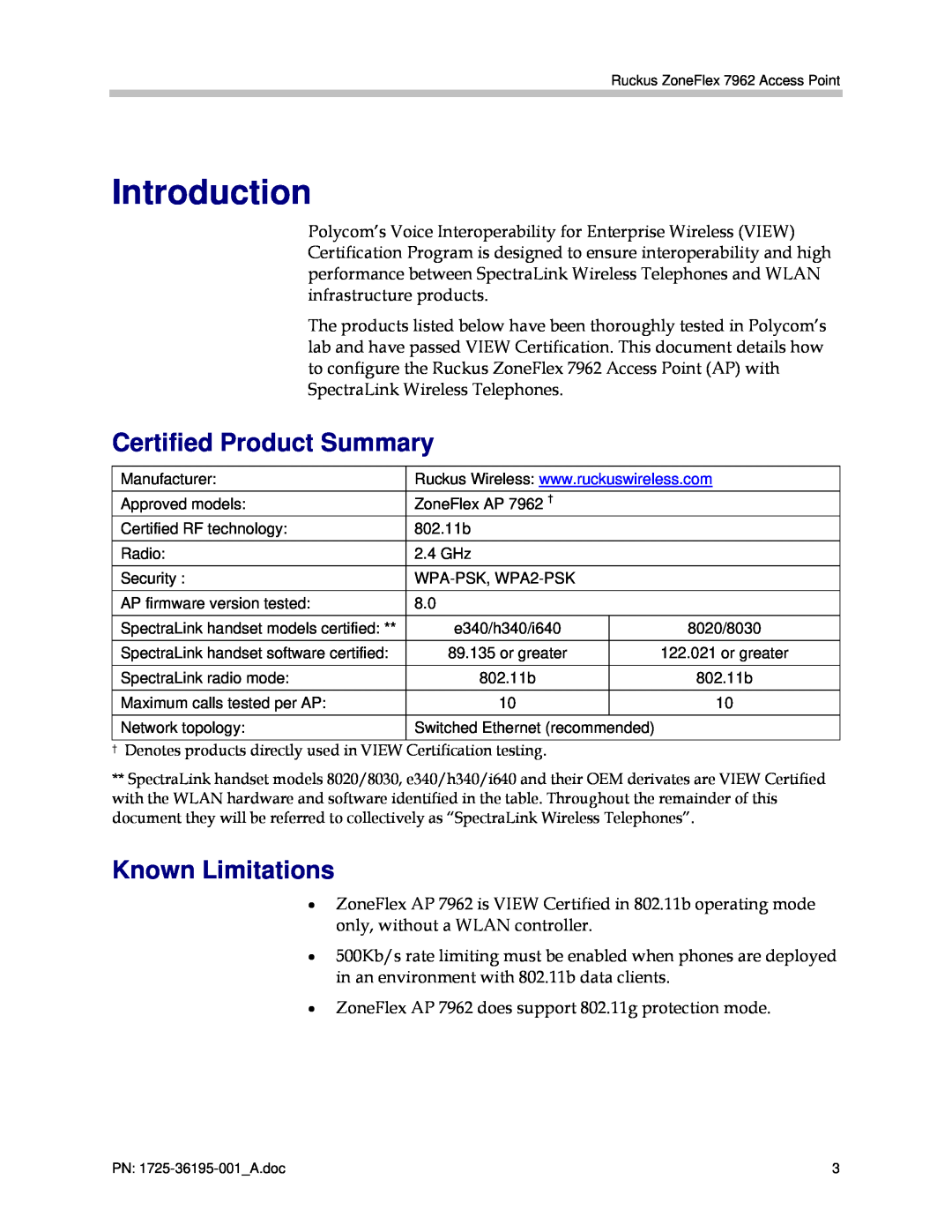 Polycom 7962 manual Introduction, Certified Product Summary, Known Limitations 