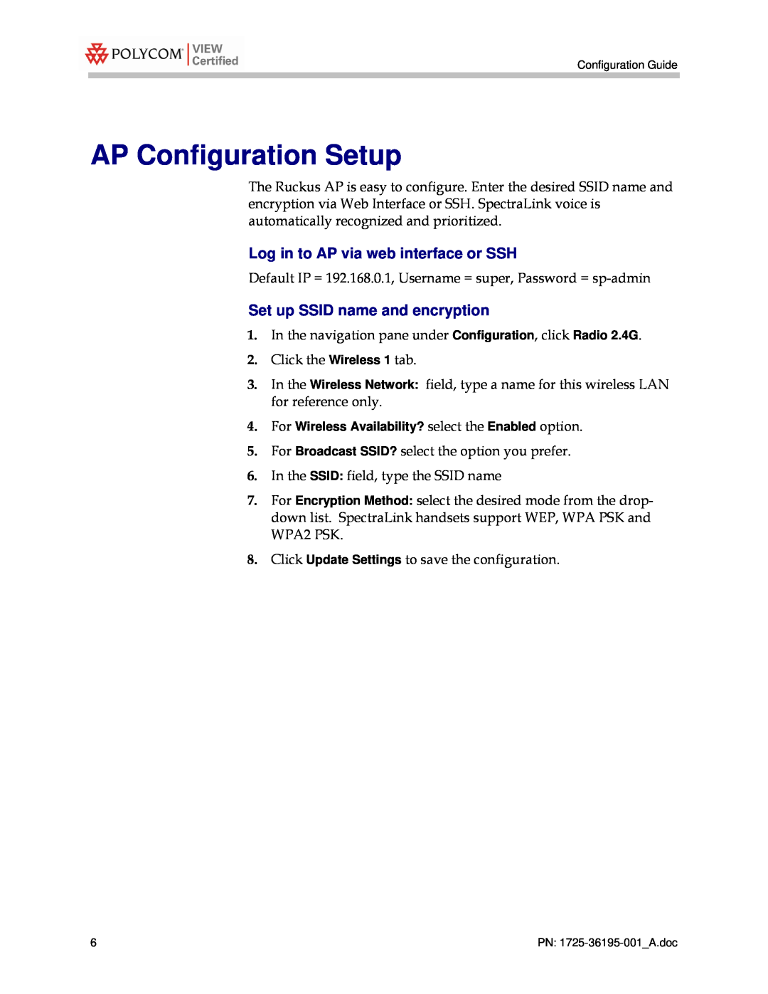 Polycom 7962 manual AP Configuration Setup, Log in to AP via web interface or SSH, Set up SSID name and encryption 