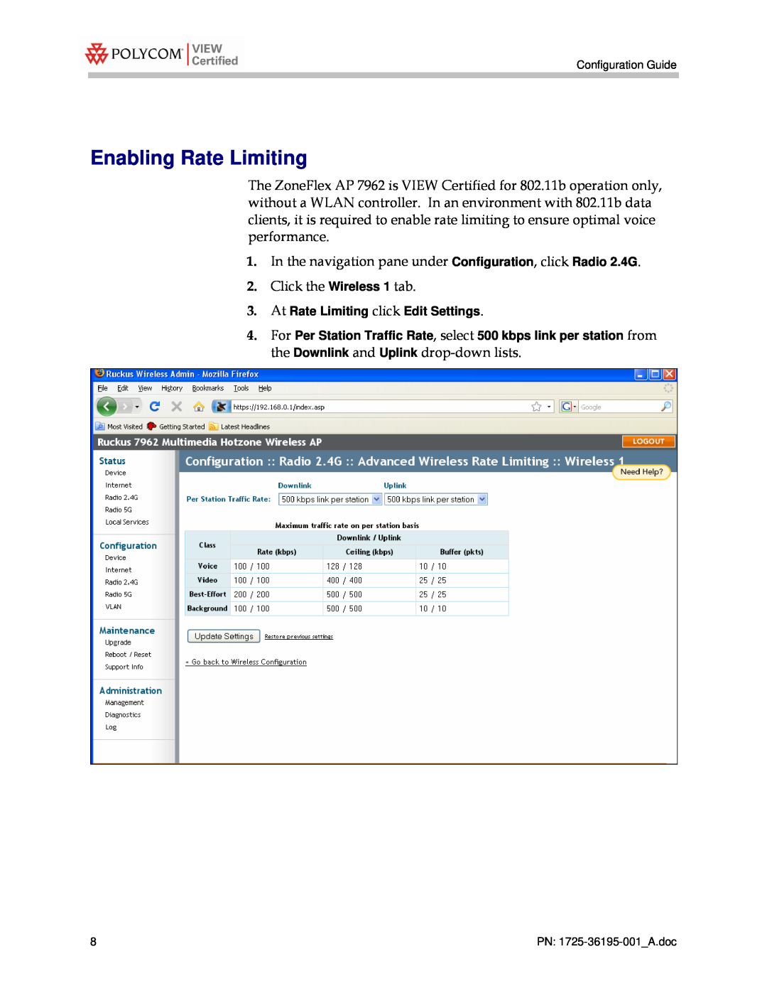 Polycom 7962 manual Enabling Rate Limiting, At Rate Limiting click Edit Settings 