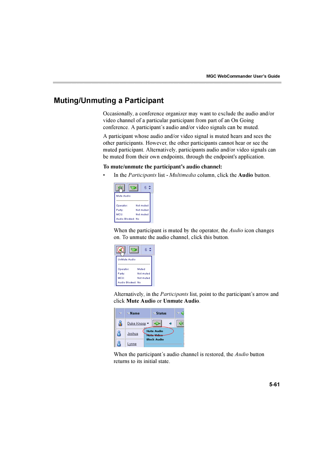 Polycom 8 manual Muting/Unmuting a Participant, To mute/unmute the participant’s audio channel 