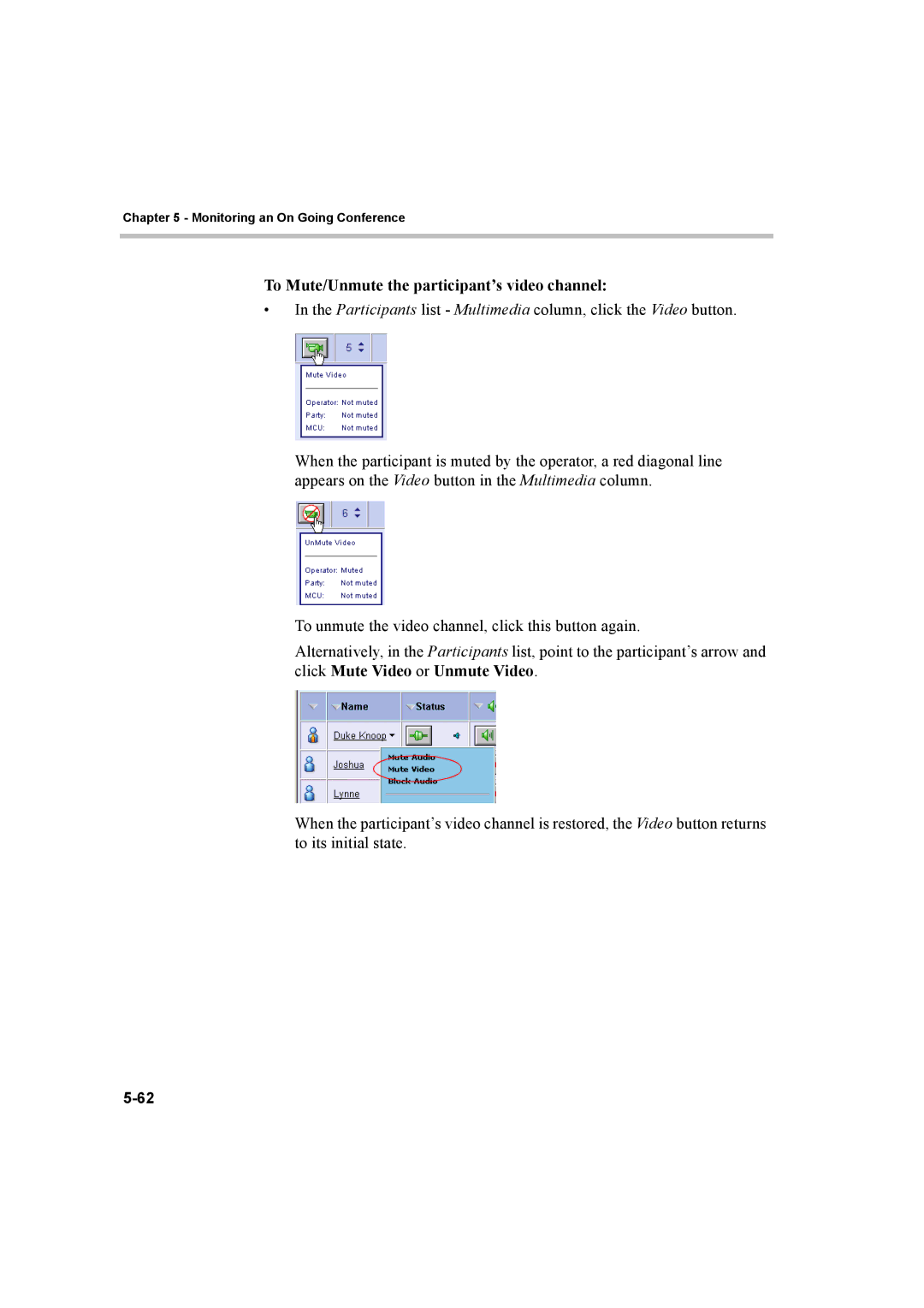 Polycom 8 manual To Mute/Unmute the participant’s video channel 