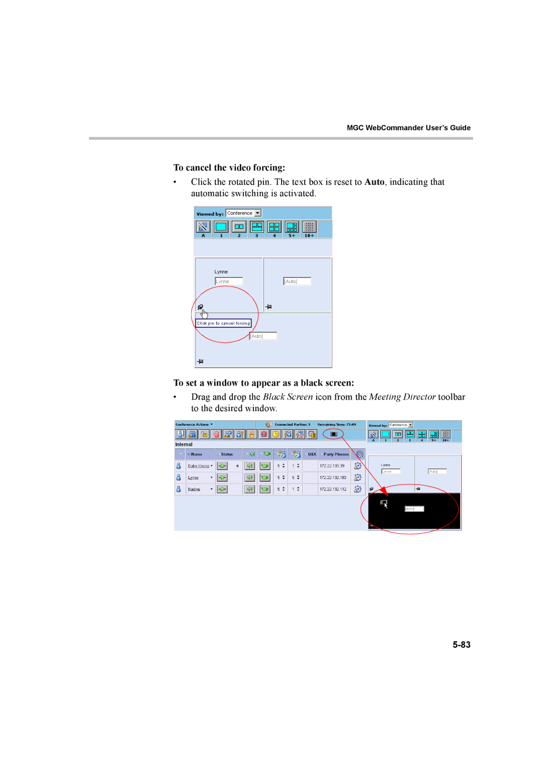 Polycom 8 manual To cancel the video forcing, To set a window to appear as a black screen 