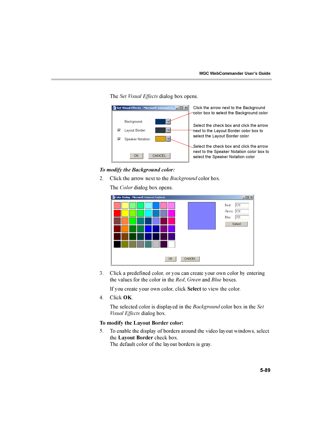 Polycom 8 manual Set Visual Effects dialog box opens, To modify the Layout Border color 