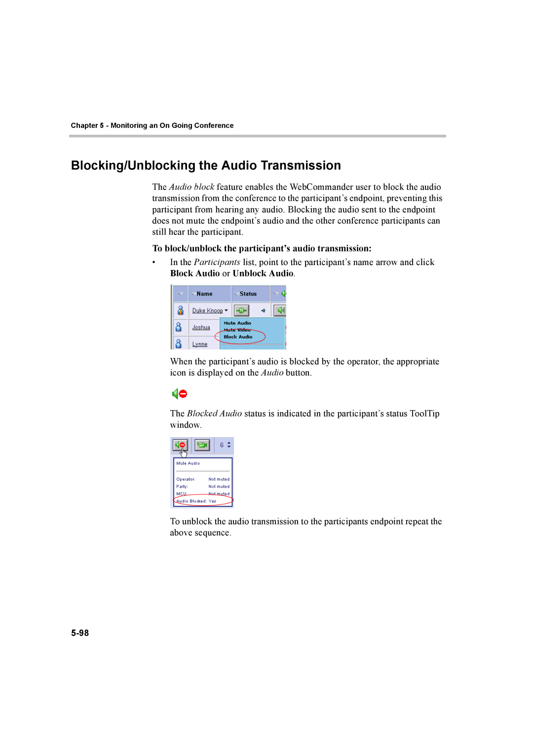 Polycom 8 manual Blocking/Unblocking the Audio Transmission, To block/unblock the participant’s audio transmission 