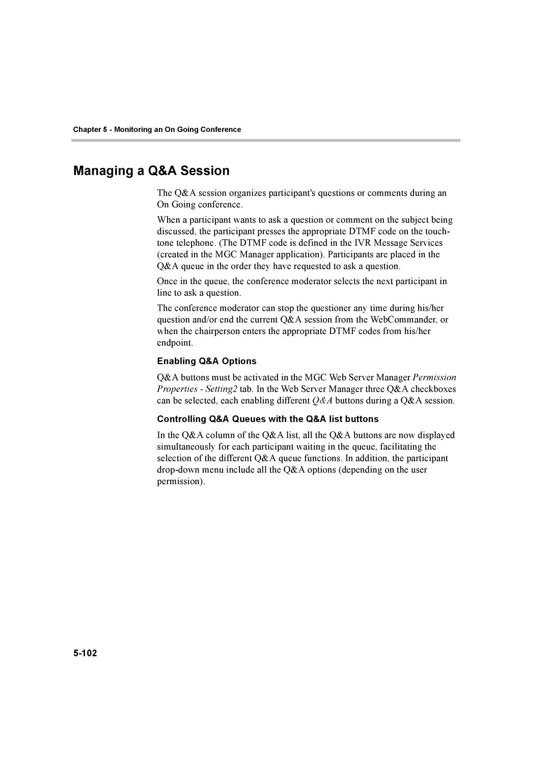 Polycom 8 manual Managing a Q&A Session, Enabling Q&A Options, Controlling Q&A Queues with the Q&A list buttons, 102 