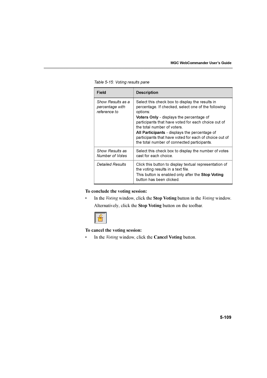 Polycom 8 manual To conclude the voting session, To cancel the voting session, 109 