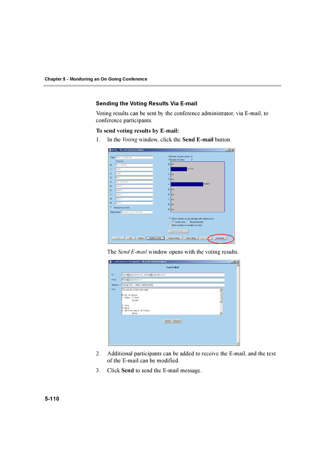 Polycom 8 manual To send voting results by E-mail, Sending the Voting Results Via E-mail, 110 