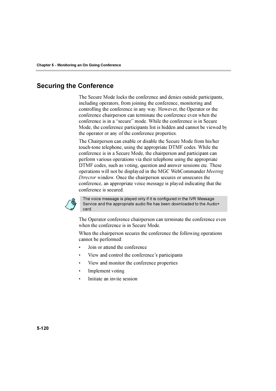 Polycom 8 manual Securing the Conference, 120 