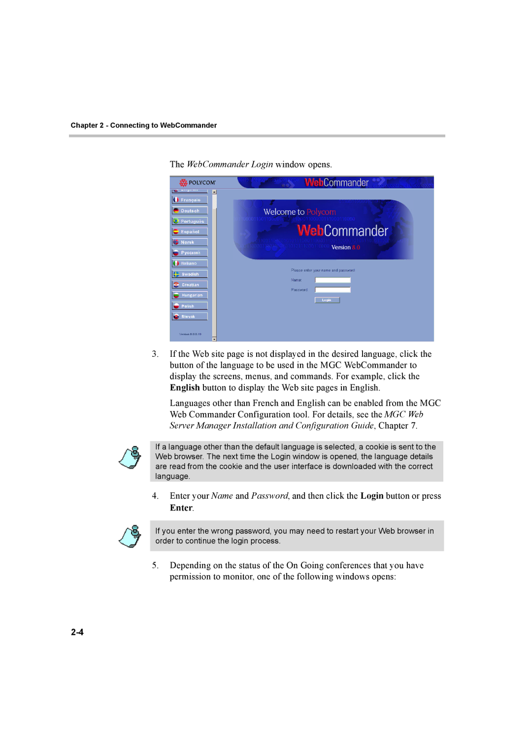 Polycom 8 manual WebCommander Login window opens 