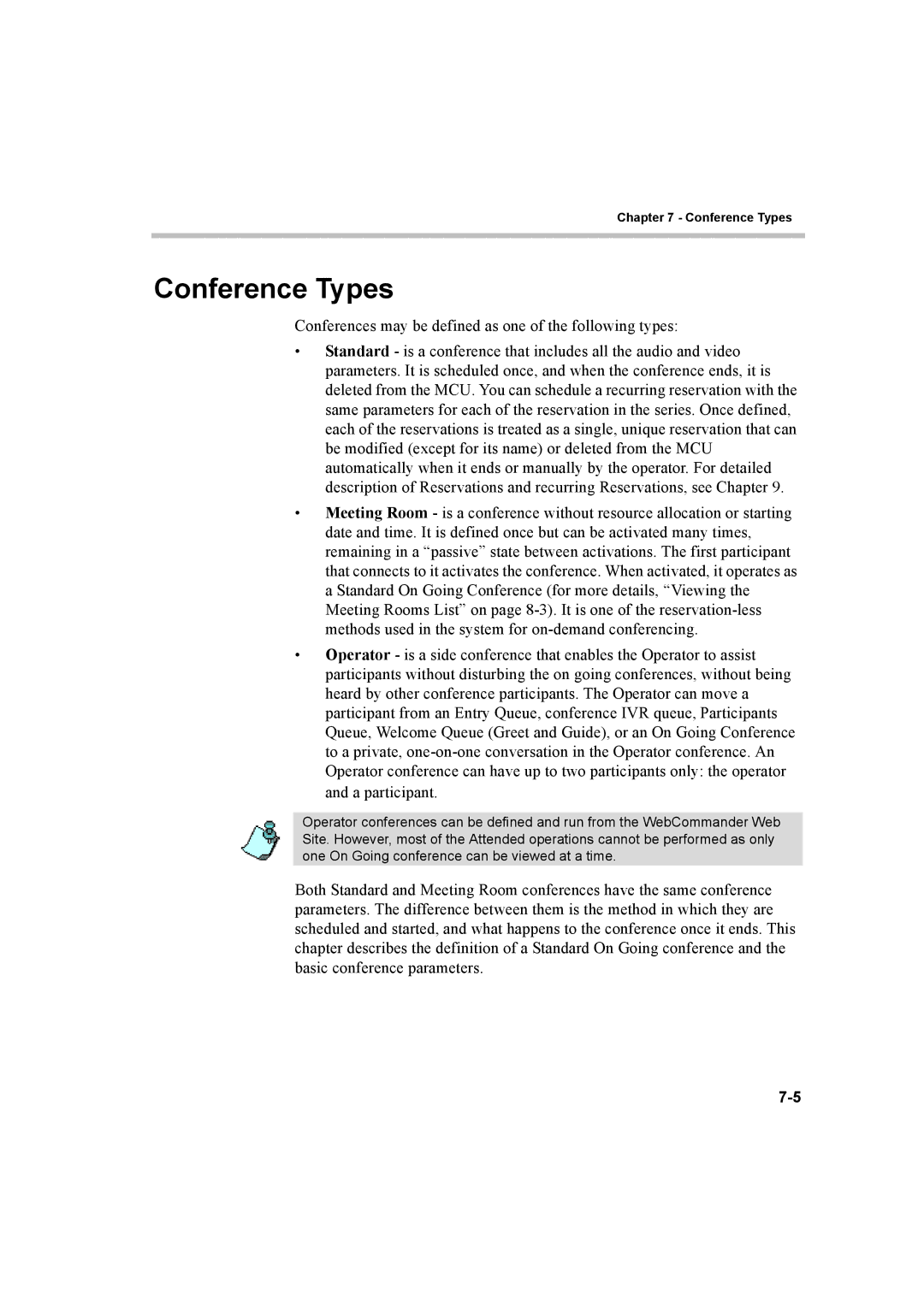 Polycom 8 manual Conference Types, Conferences may be defined as one of the following types 