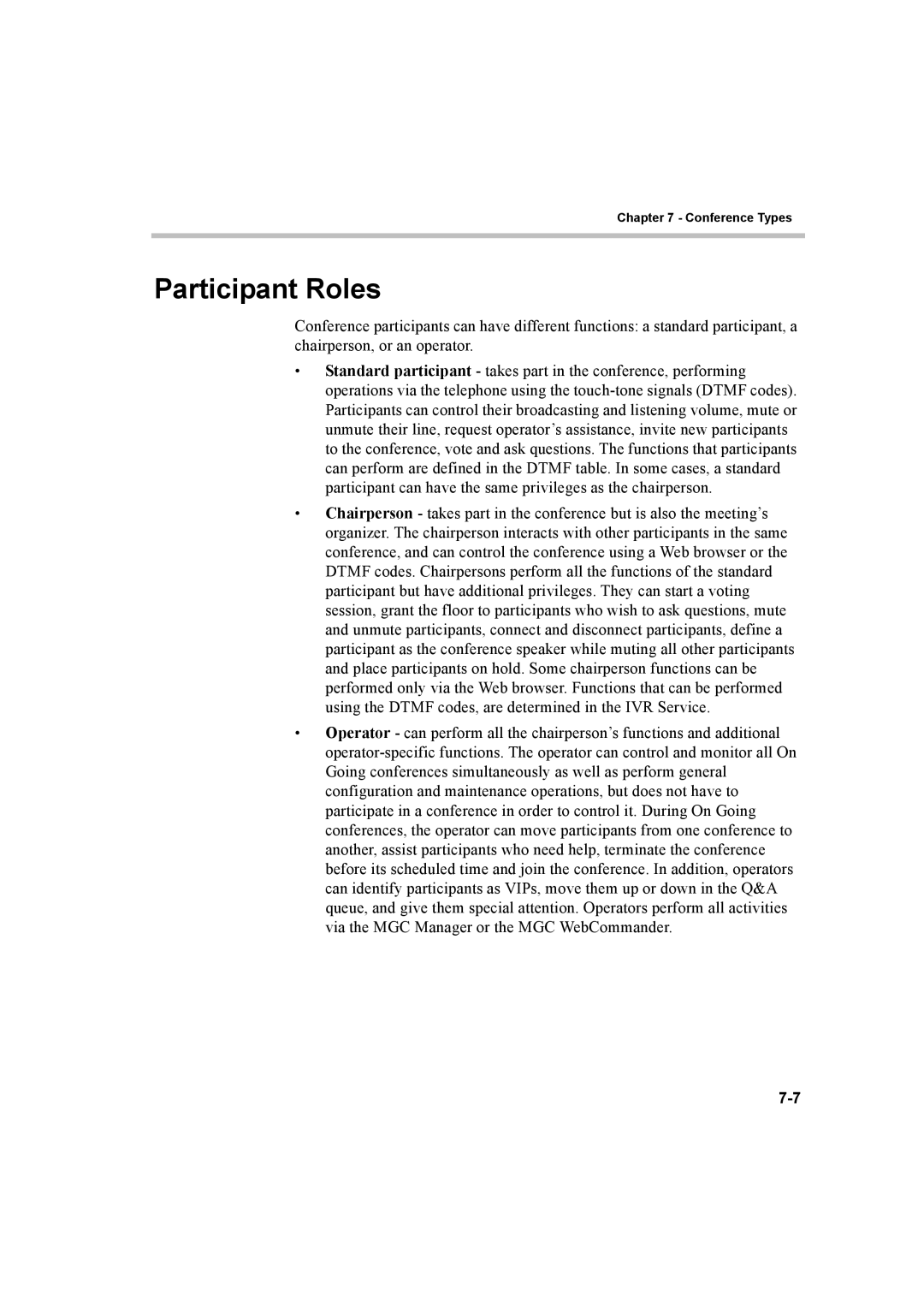 Polycom 8 manual Participant Roles 