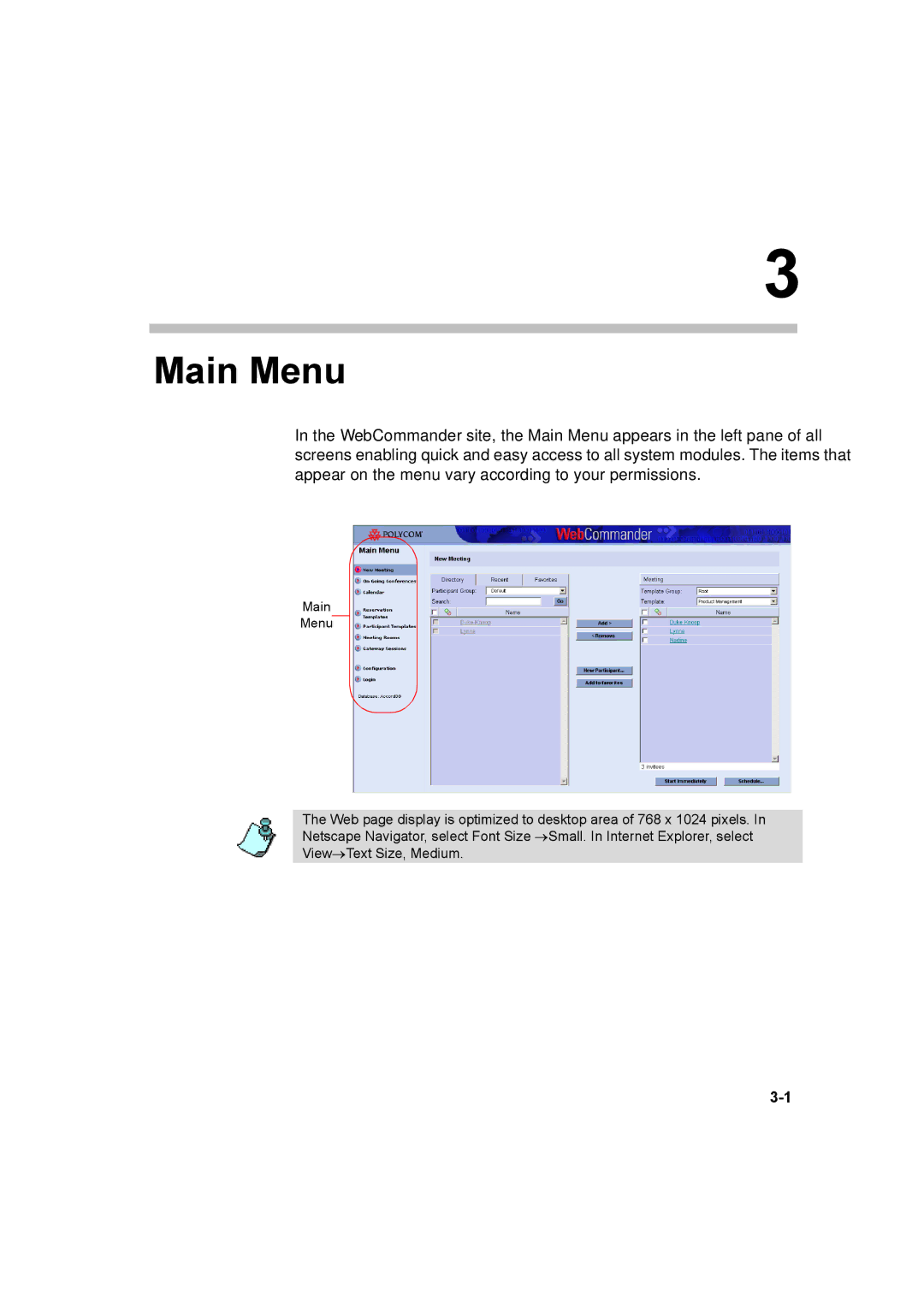 Polycom 8 manual Main Menu 