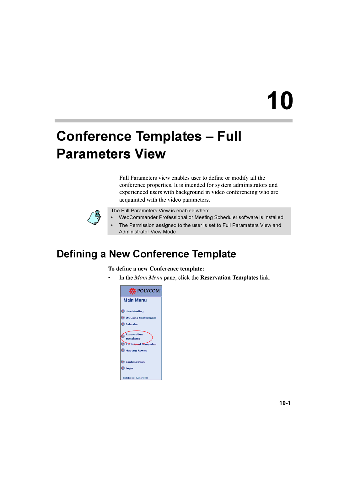 Polycom 8 manual Defining a New Conference Template, To define a new Conference template, 10-1 