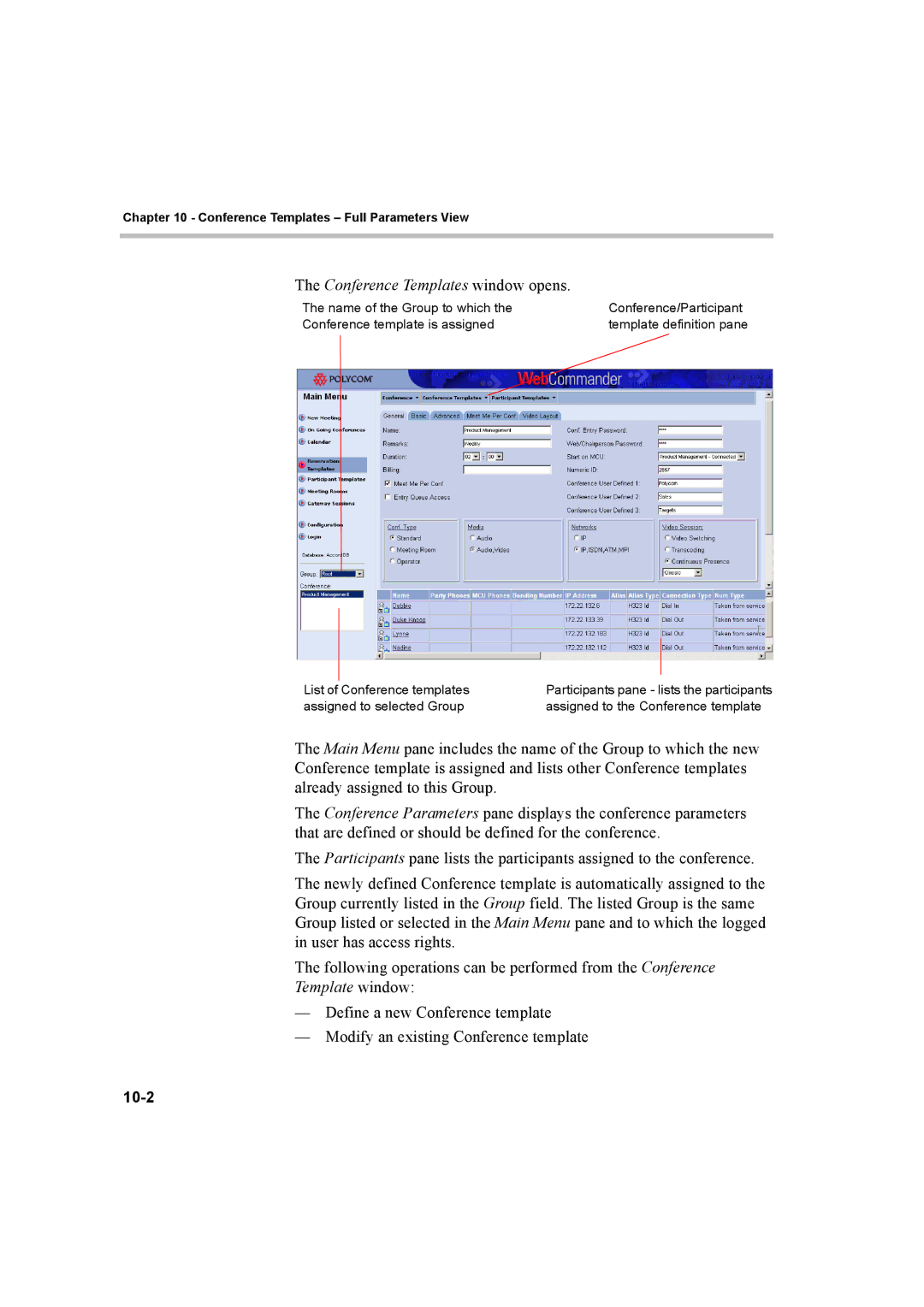 Polycom 8 manual Conference Templates window opens, 10-2 