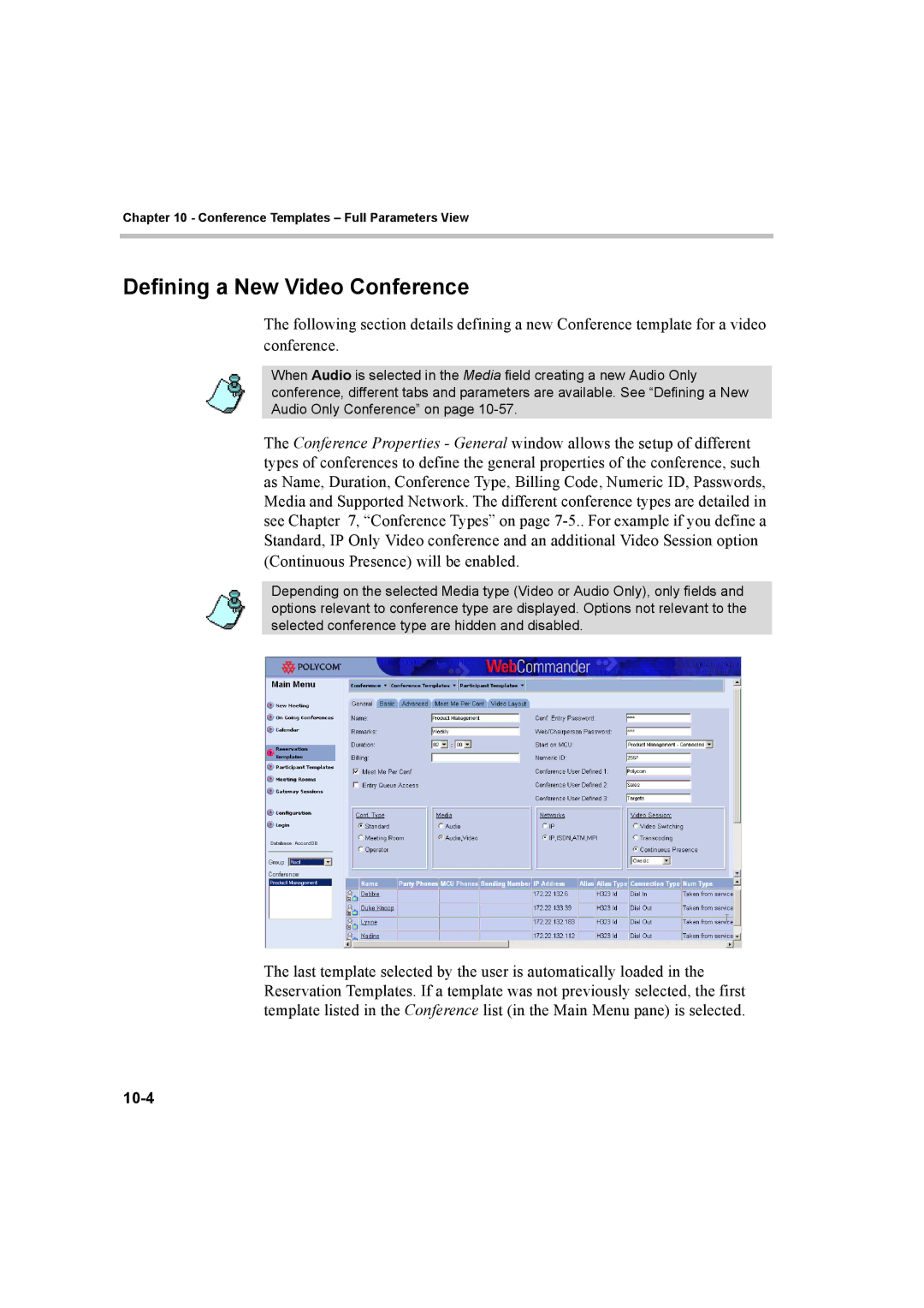 Polycom 8 manual Defining a New Video Conference, 10-4 