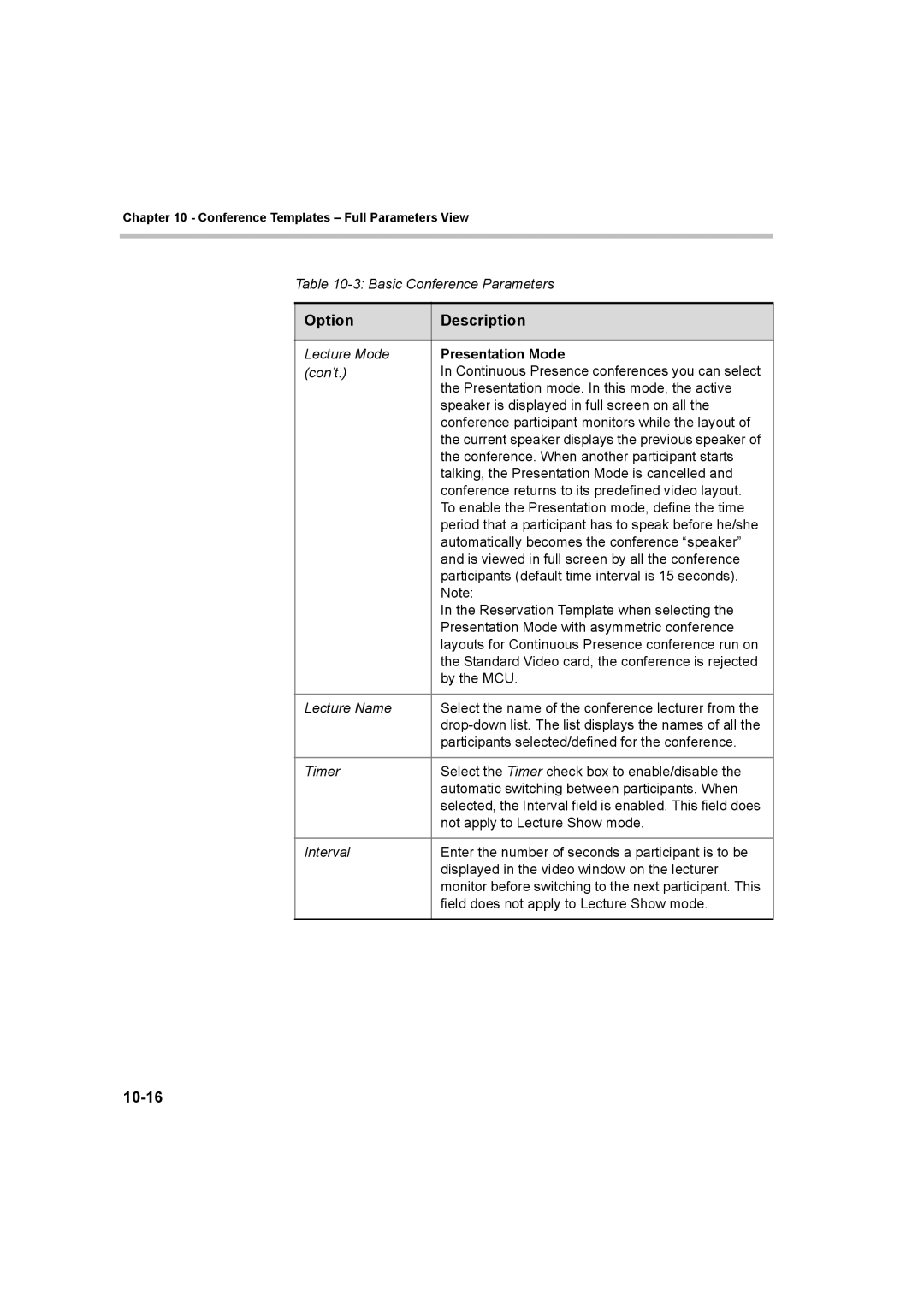 Polycom 8 manual 10-16, Presentation Mode 