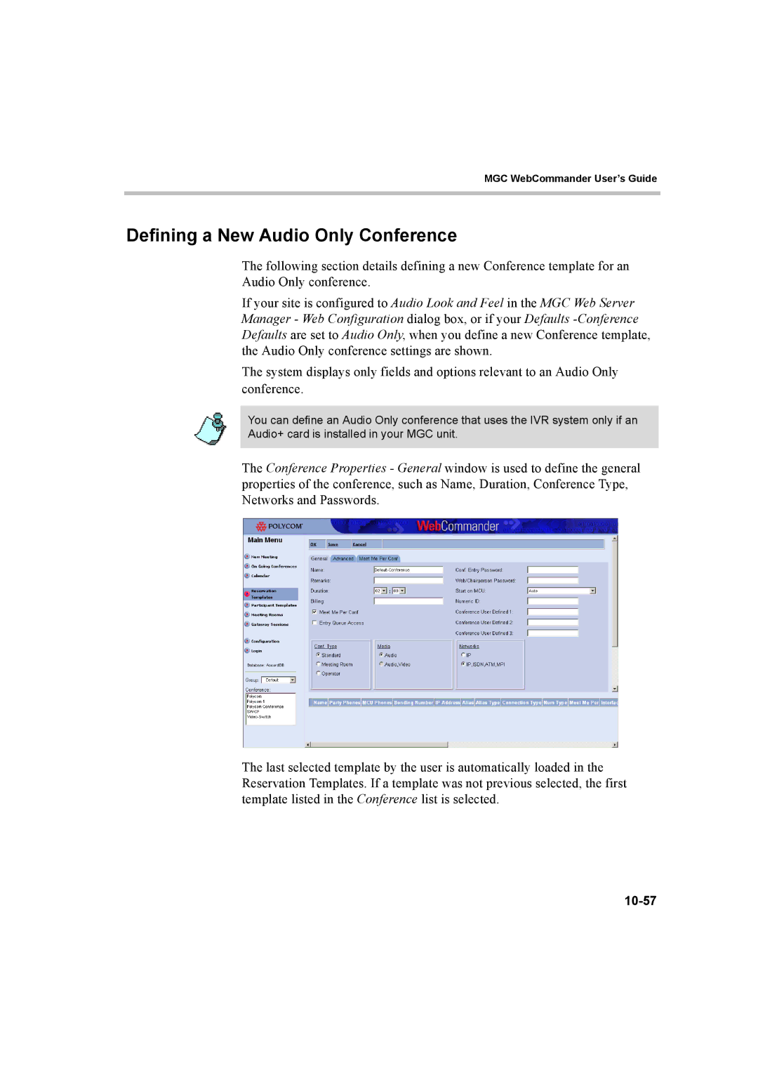 Polycom 8 manual Defining a New Audio Only Conference, 10-57 