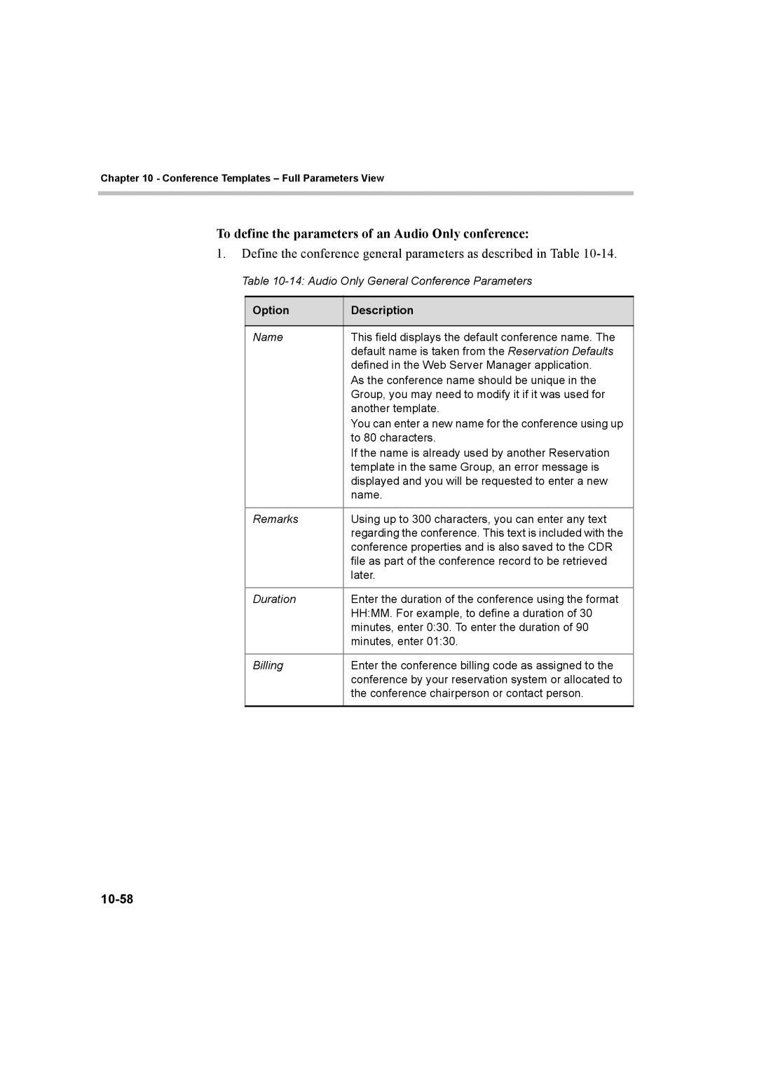 Polycom manual To define the parameters of an Audio Only conference, 10-58 