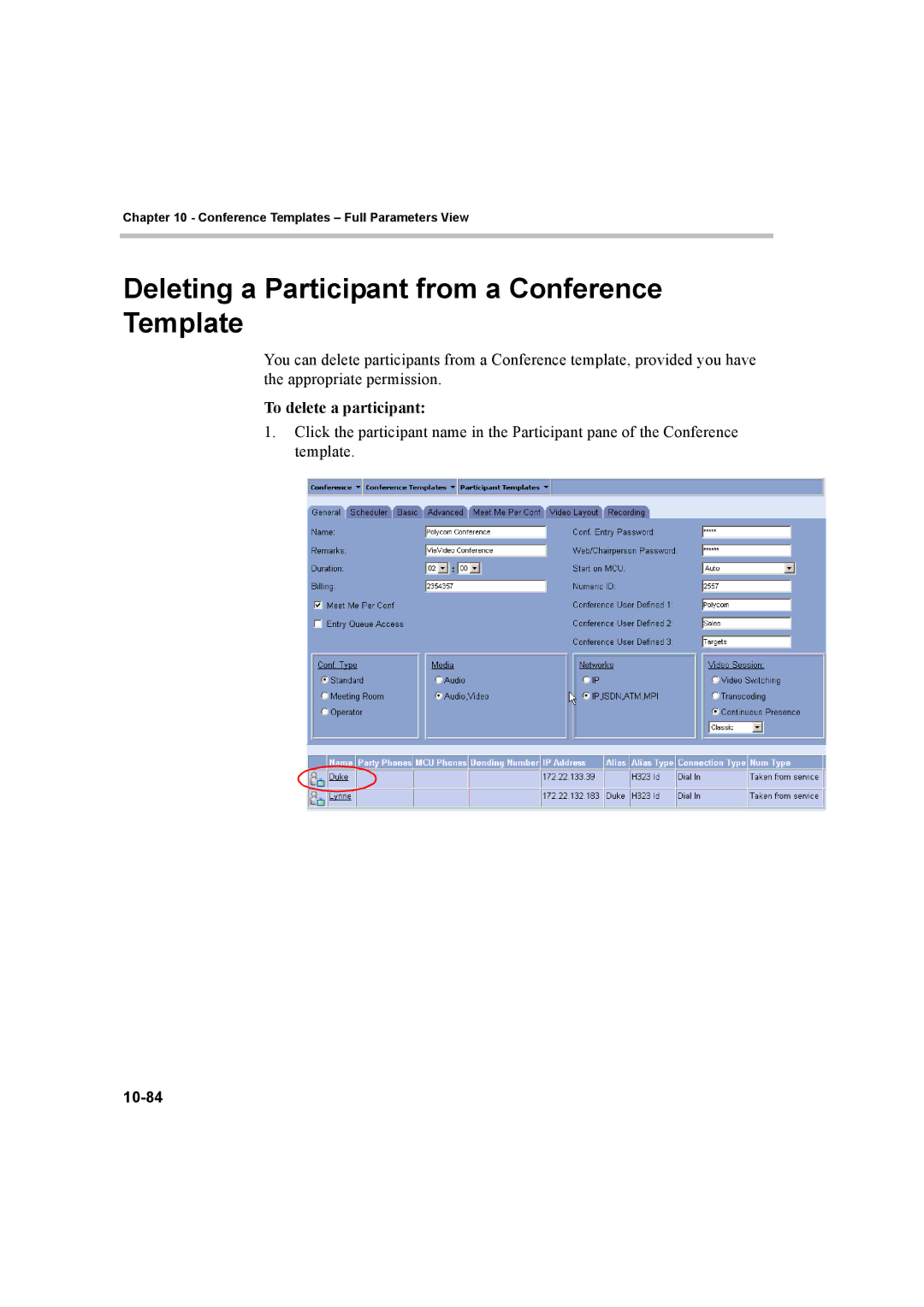 Polycom manual Deleting a Participant from a Conference Template, To delete a participant, 10-84 