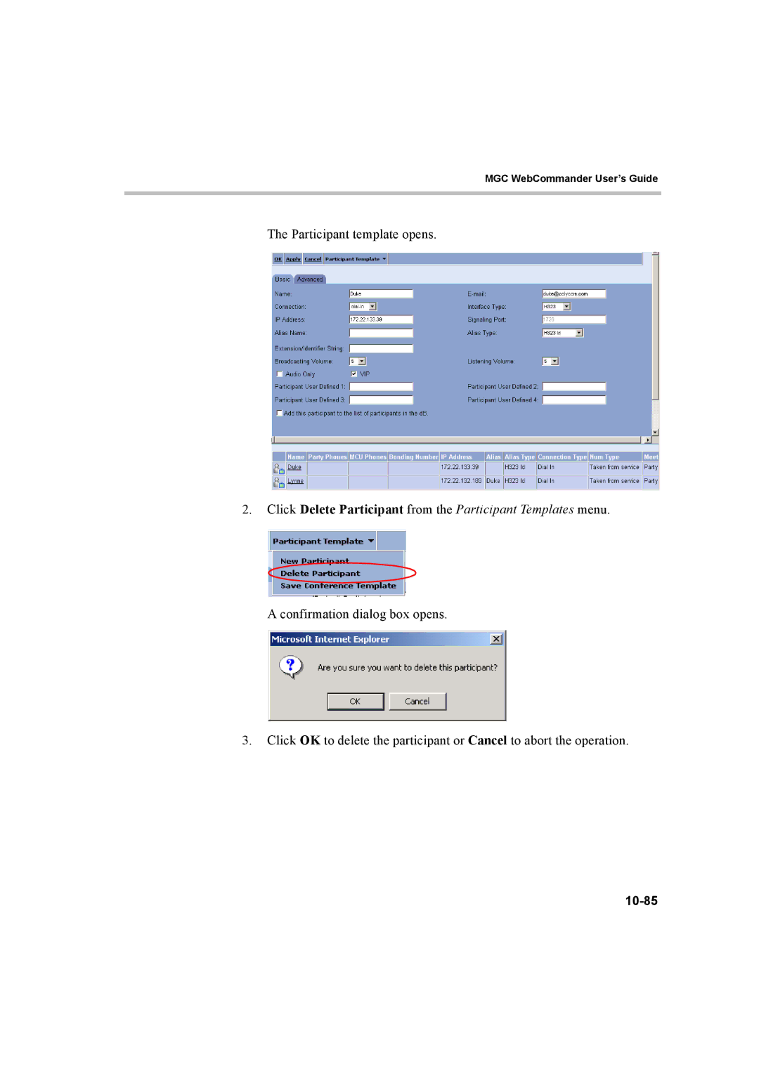 Polycom manual Click Delete Participant from the Participant Templates menu, 10-85 