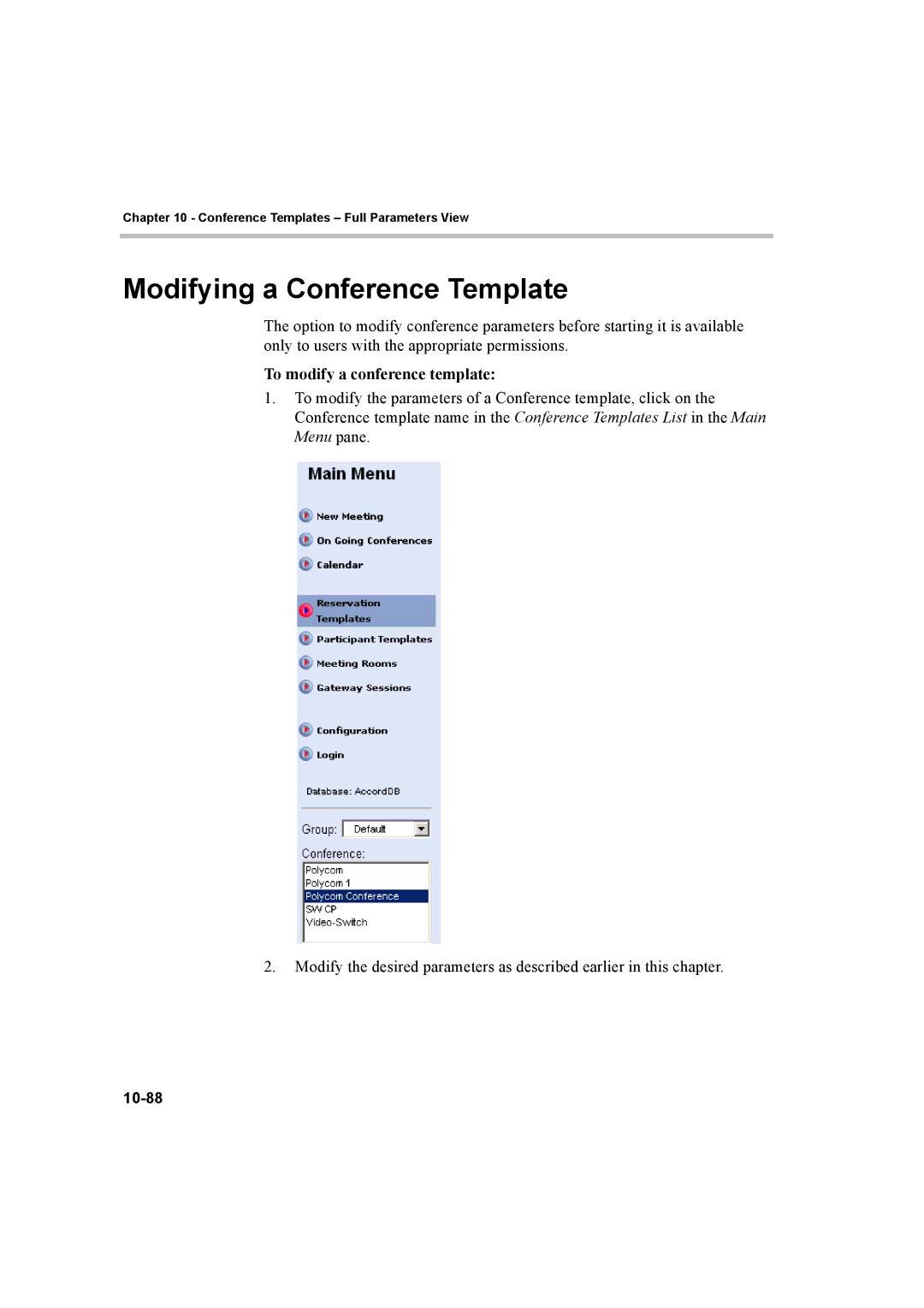 Polycom manual Modifying a Conference Template, To modify a conference template, 10-88 