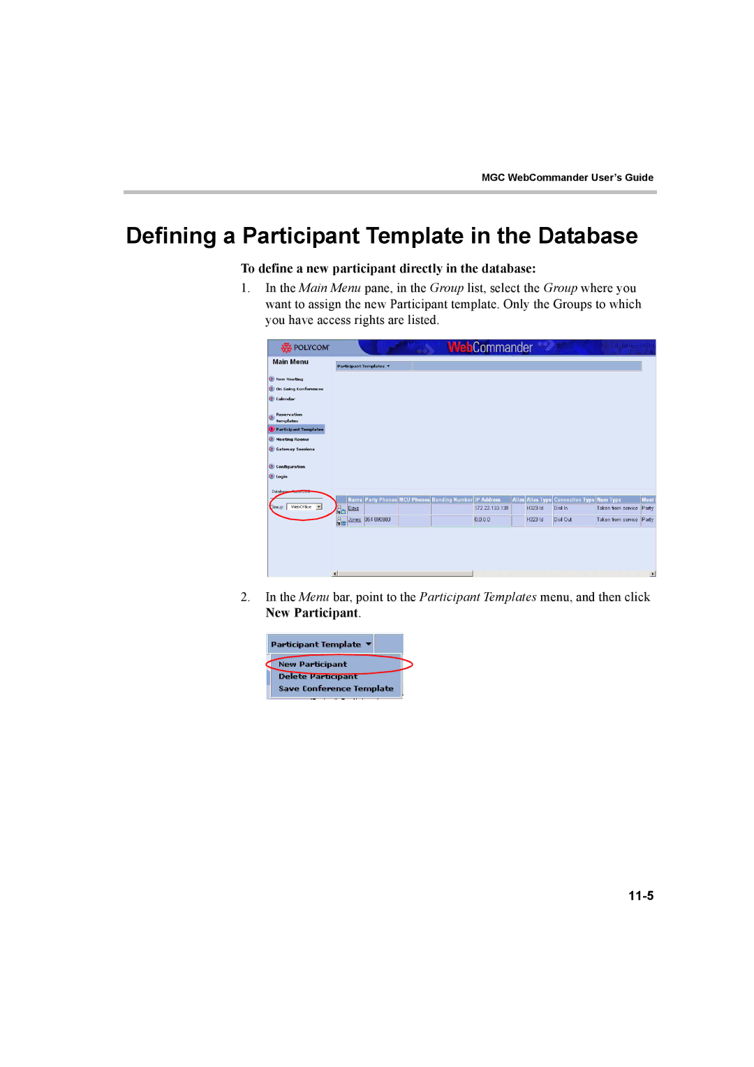 Polycom 8 Defining a Participant Template in the Database, To define a new participant directly in the database, 11-5 