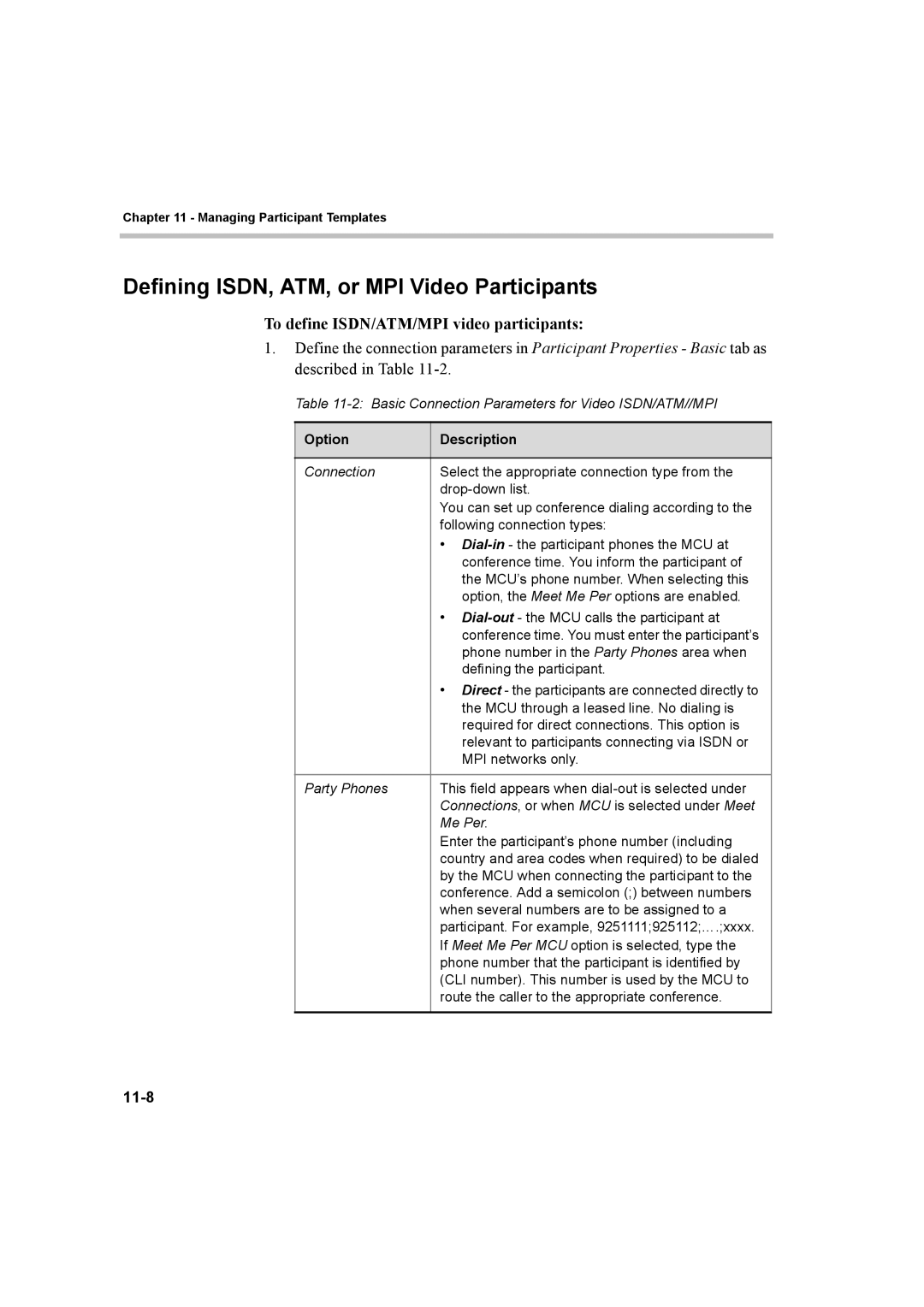 Polycom manual Defining ISDN, ATM, or MPI Video Participants, To define ISDN/ATM/MPI video participants, 11-8 