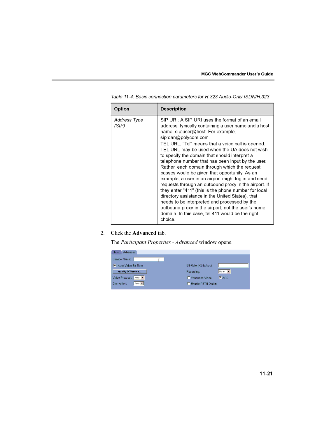 Polycom 8 manual Participant Properties Advanced window opens, 11-21 