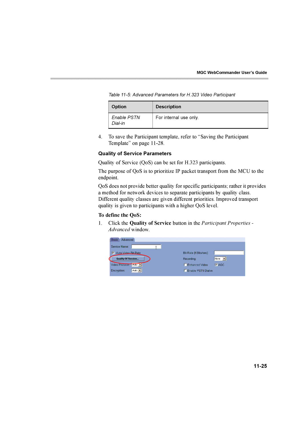 Polycom 8 manual To define the QoS, Quality of Service Parameters, 11-25 