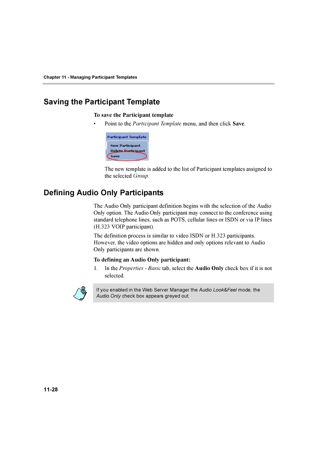 Polycom Saving the Participant Template, Defining Audio Only Participants, To save the Participant template, 11-28 