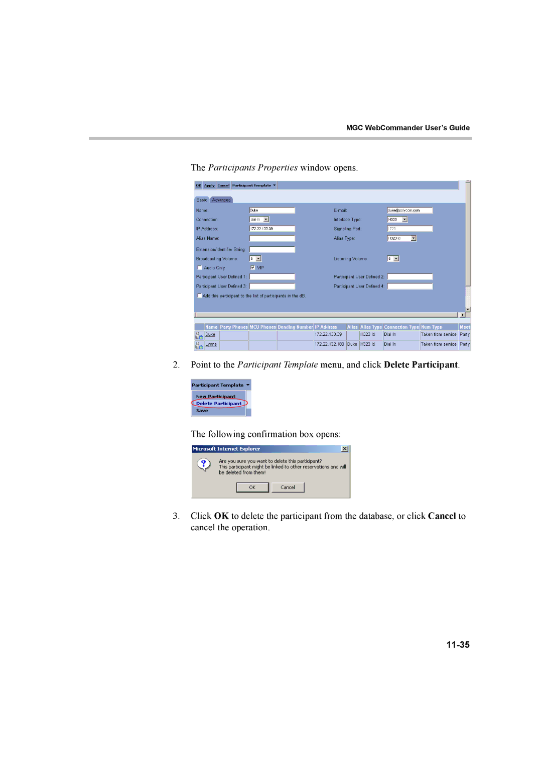 Polycom 8 manual Participants Properties window opens, 11-35 