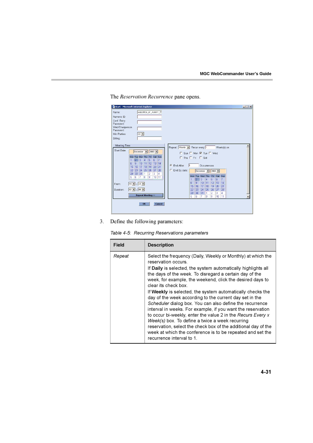 Polycom 8 manual Reservation Recurrence pane opens, Field Description 