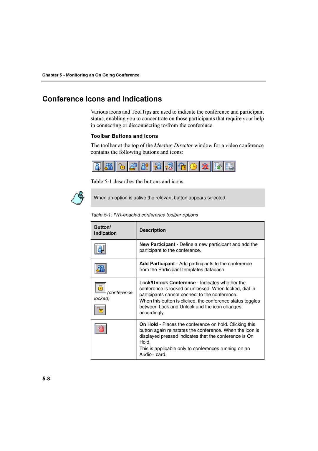 Polycom 8 manual Conference Icons and Indications, Toolbar Buttons and Icons, Button Description Indication 